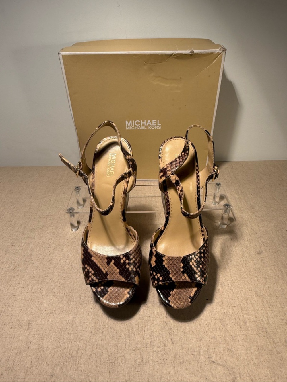 Michael Kors US 7 Snakeskin Platform Heels Womens Sandals Chunky Block High Heel